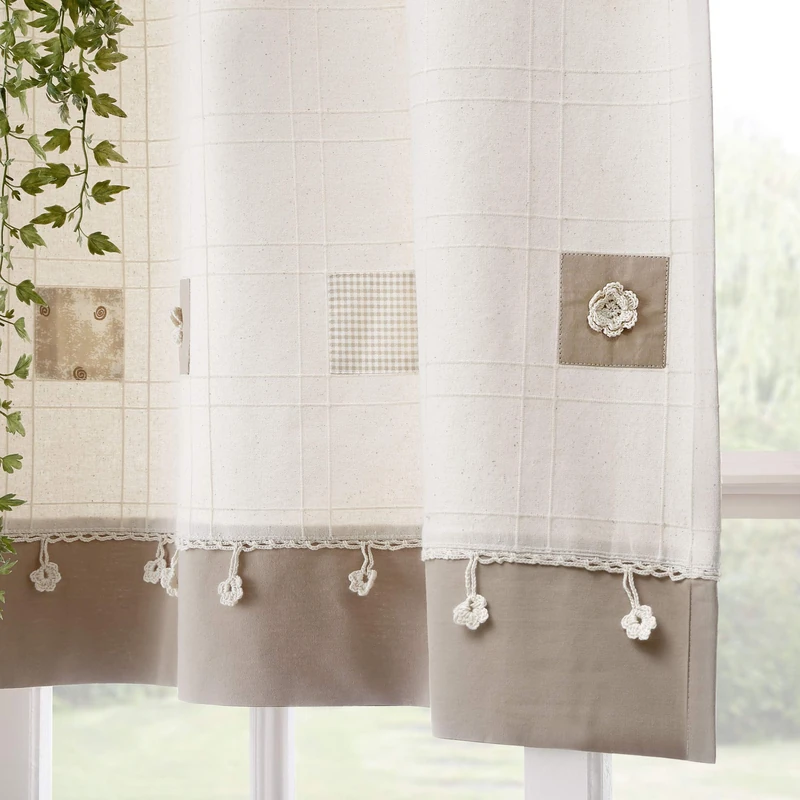 Stanley Hamilton Curtains, Tab Top Heading, Room Darkening, Hand Embroidered Panel Curtains, Cottage Collection with 4 different sizes (Natural Beige/Coffee, 228 W x 228 D cm Panel Size) - Image 1