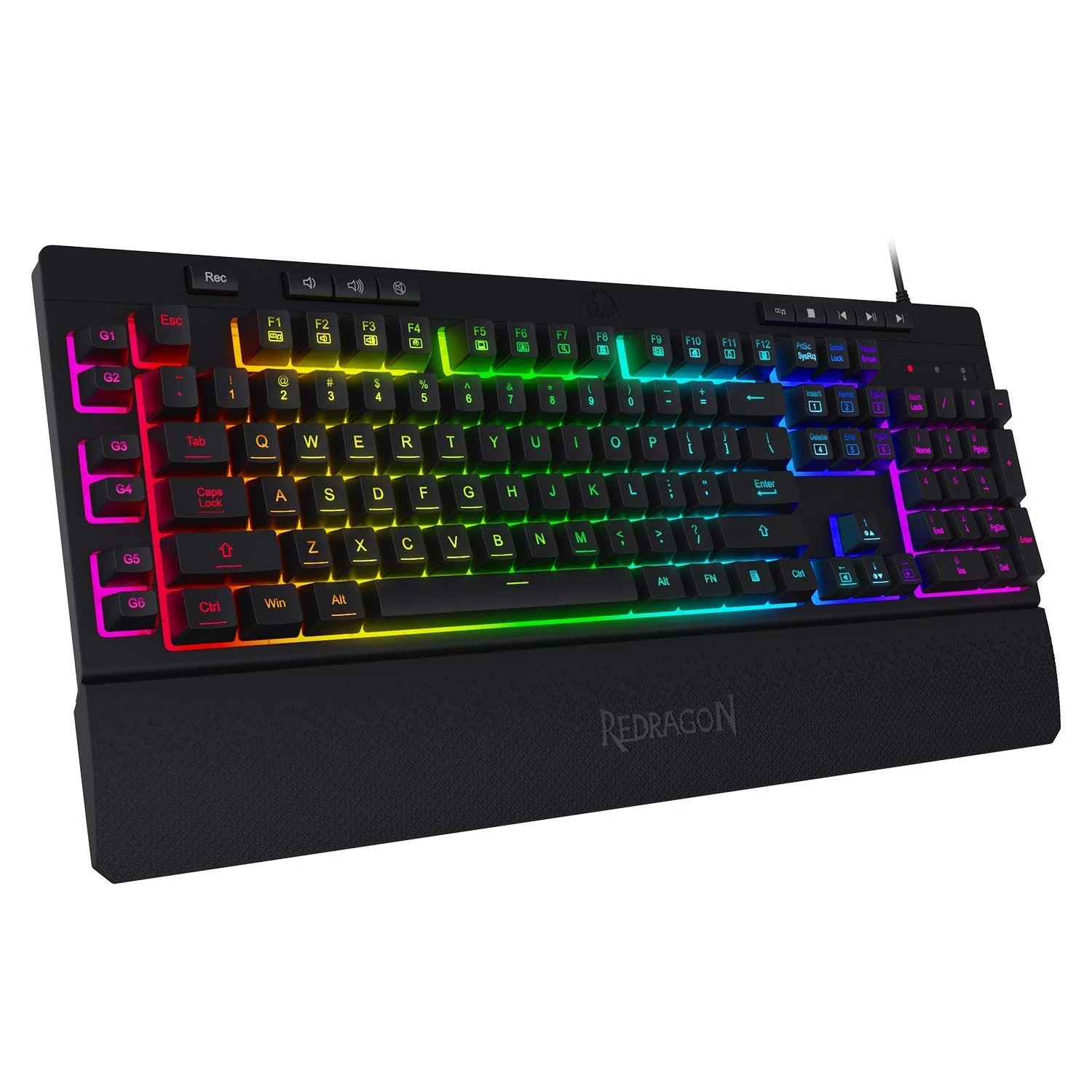 Redragon K512 Shiva RGB Backlit Membrane Gaming Keyboard US-Layout with Multimedia Keys, Linear Mechanical-Feel Switch, 6 Extra On-Board Macro Keys, Dedicated Media Control, Detachable Wrist Rest