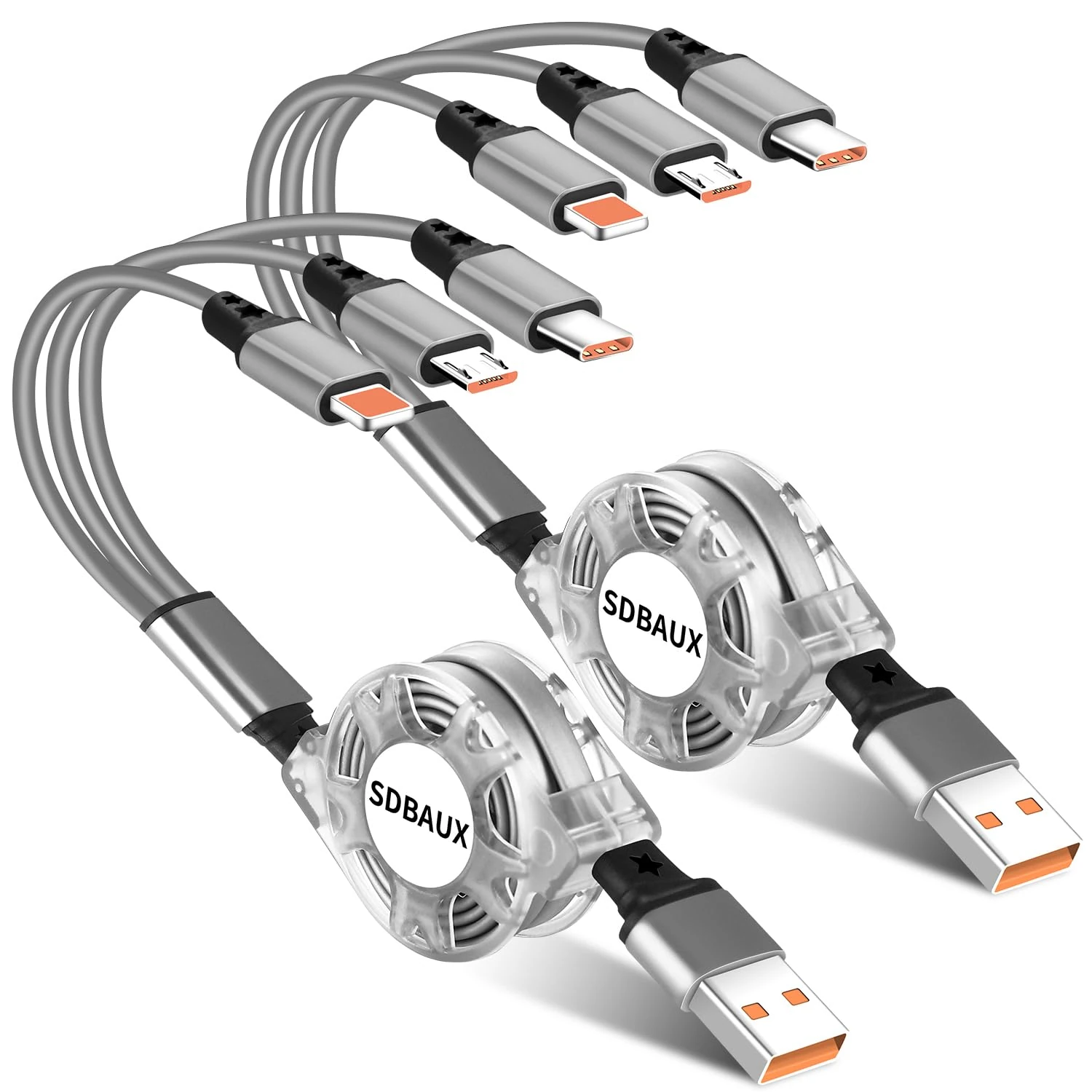 SDBAUX Multi Charger Cable, [3A/1M/2-Pack] Universal 3 in 1 USB Retractable Charging Cord Lead with Phone/Micro USB/Type C Connectors, for iOS Phones, Android Galaxy, LG, Sony, Moto, Huawei, Xiaomi