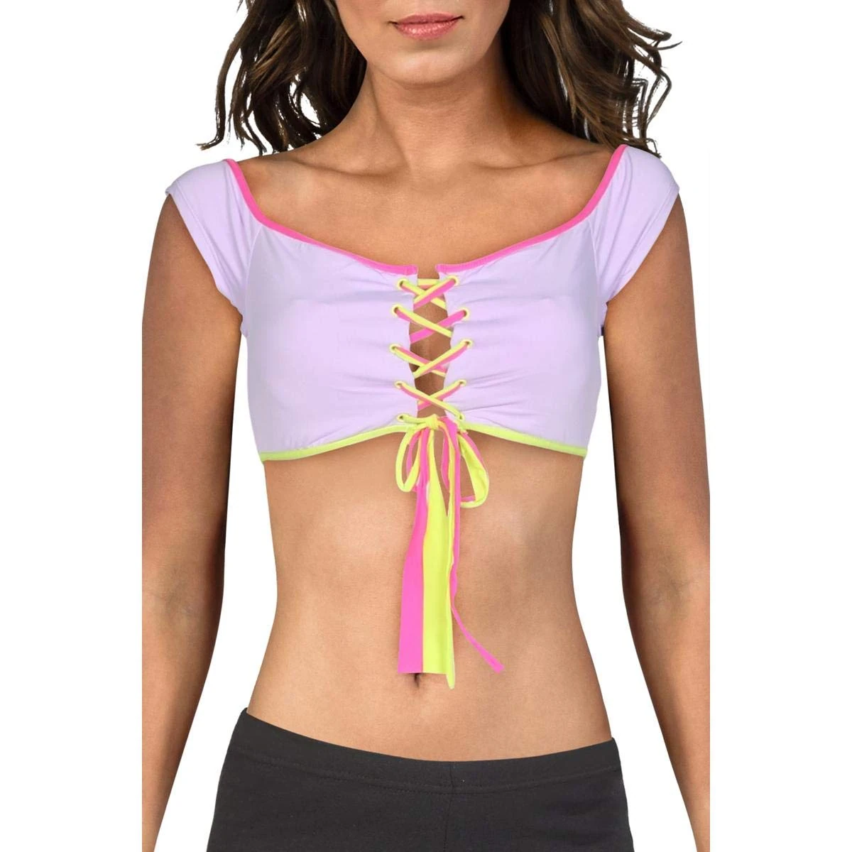 BCBGeneration Women's Standard Strappy Front Off The Shoulder Bandeau Bra Bikini Swimsuit Top, Lavender//Tied Together, Small