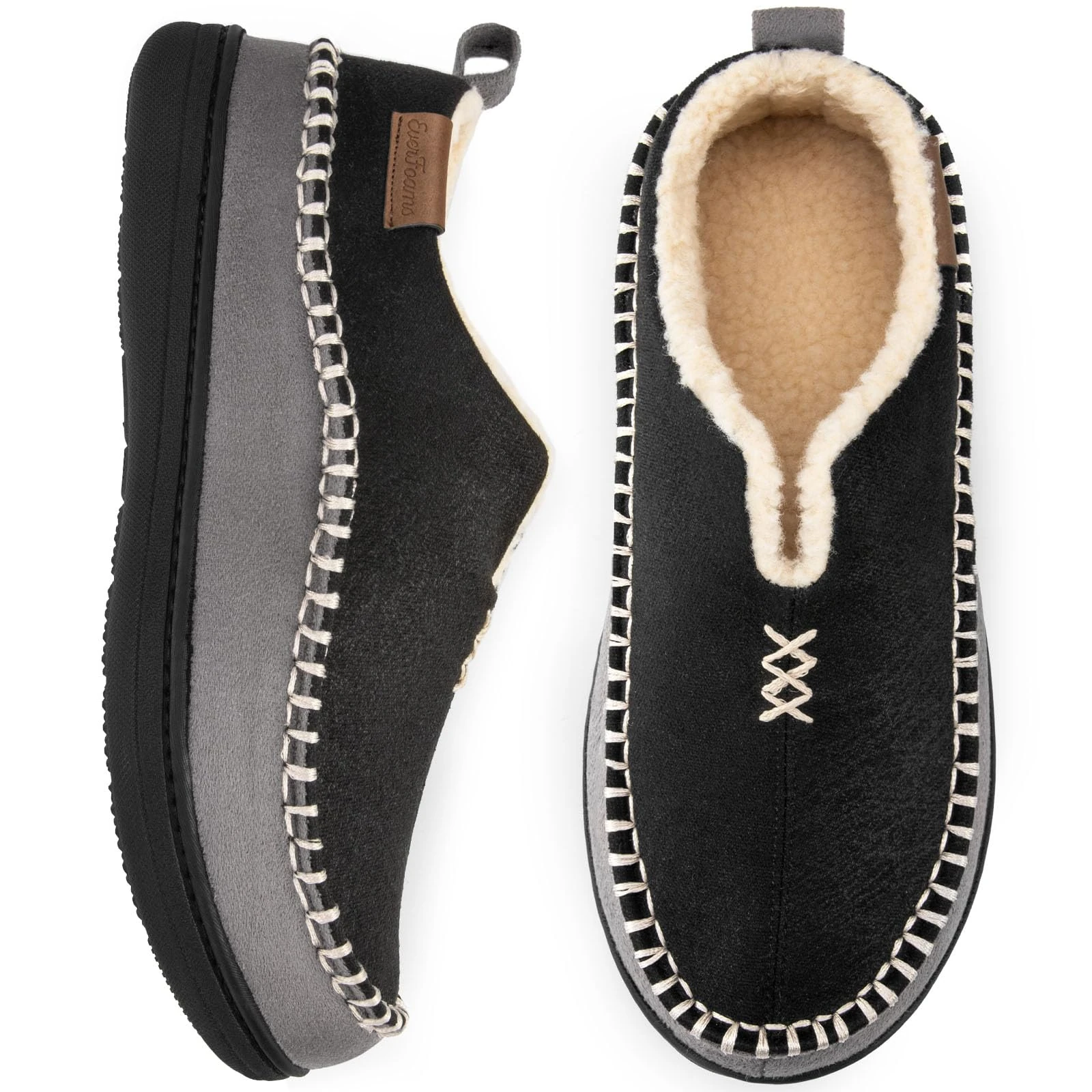 EverFoams Men's Micro Suede Memory Foam Moccasin Slippers with Fuzzy Sherpa Lining and Anti-skid Sole Black Size 9 UK