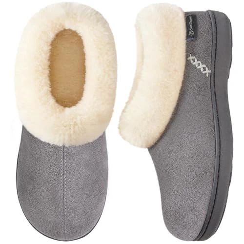 EverFoams Ladies' Micro Suede Memory Foam Slippers with Fluffy Faux Fur Collar and Indoor Outdoor Rubber Sole Grey, Size 7-8 UK