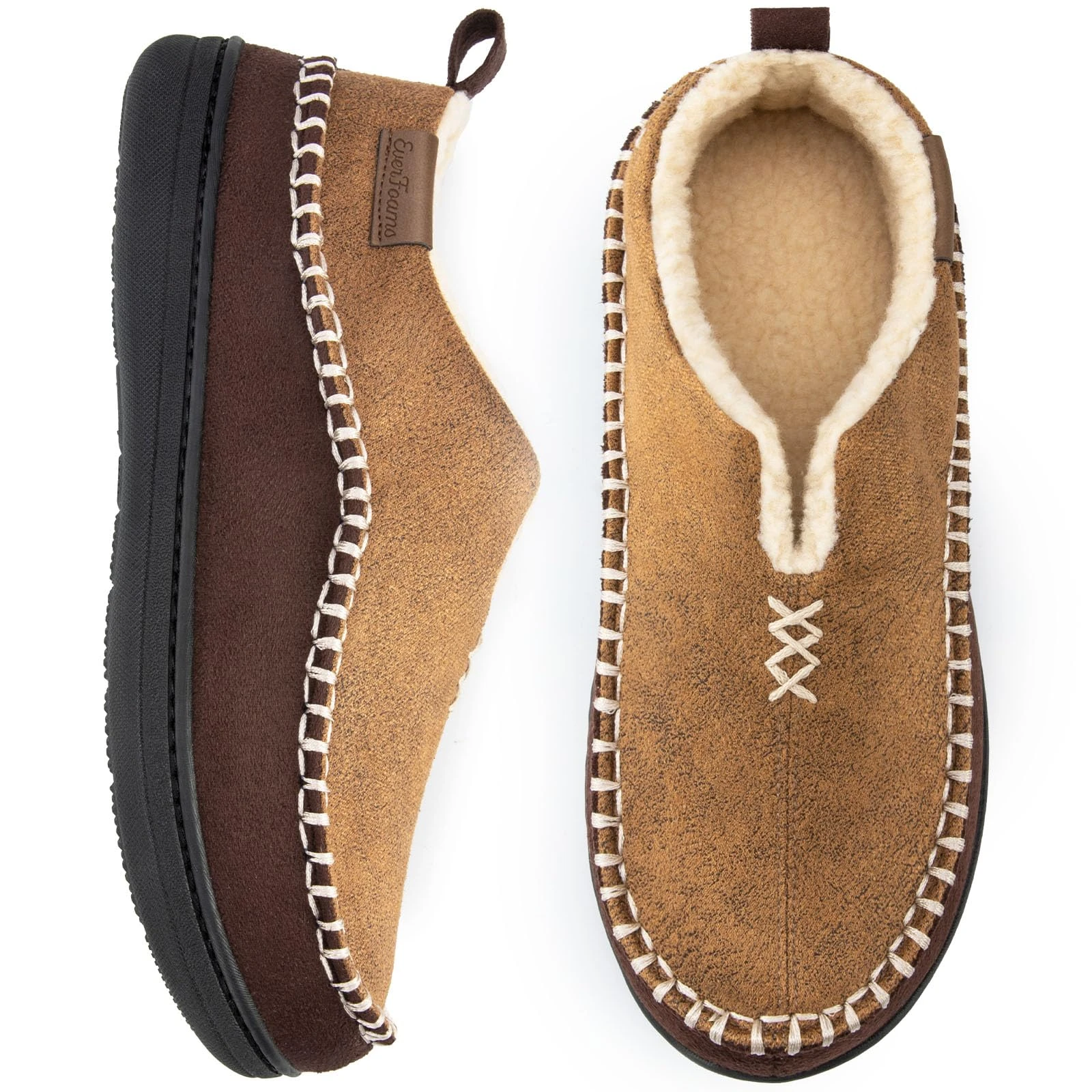 EverFoams Men's Micro Suede Memory Foam Moccasin Slippers with Fuzzy Sherpa Lining and Anti-skid Sole Tan Size 7 UK