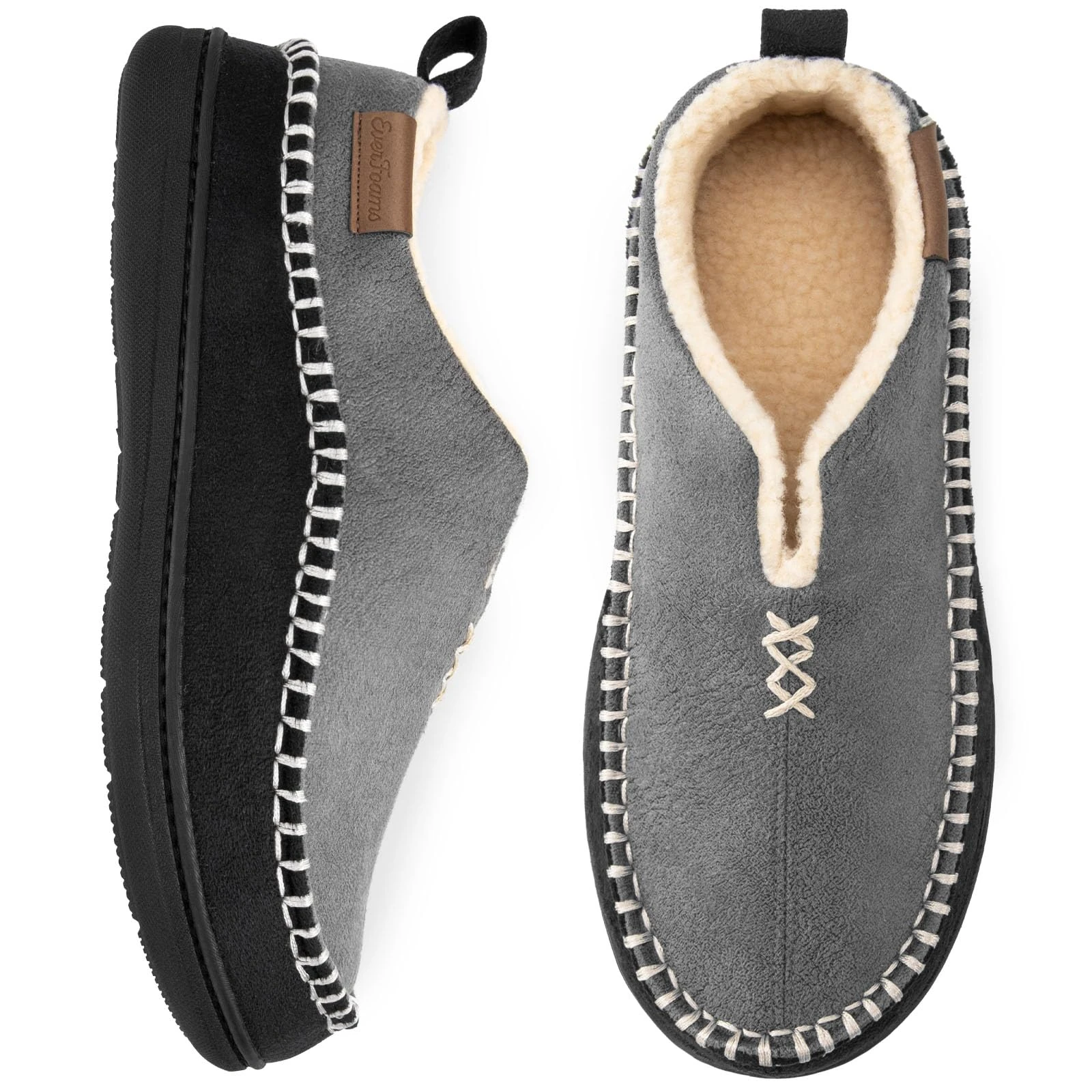 EverFoams Men's Micro Suede Memory Foam Moccasin Slippers with Fuzzy Sherpa Lining and Anti-skid Sole Grey Size 7 UK