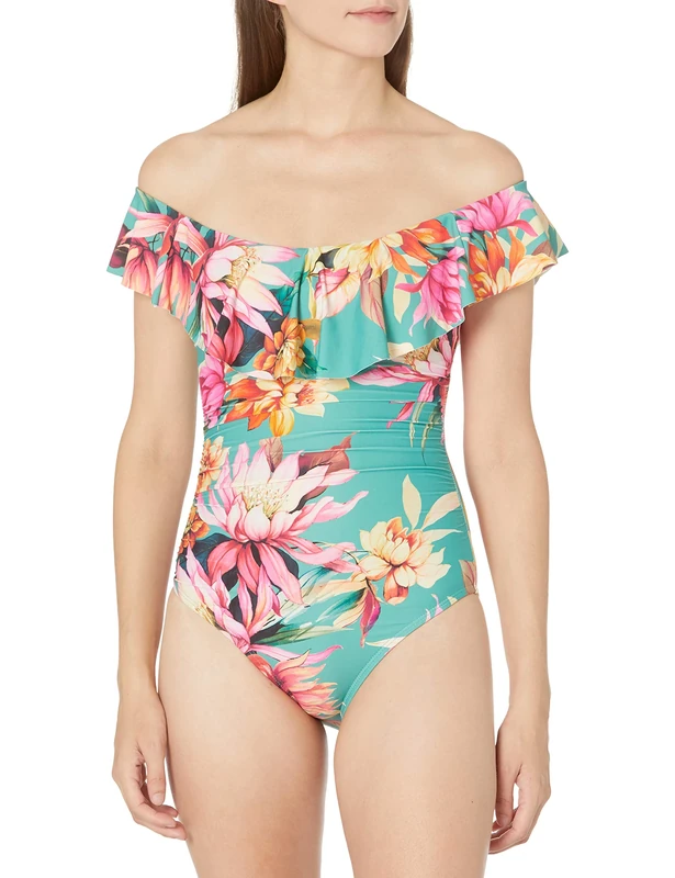 La Blanca Women's Off Shoulder Ruffle One Piece Swimsuit, Aloe Green//Garden Social, 6
