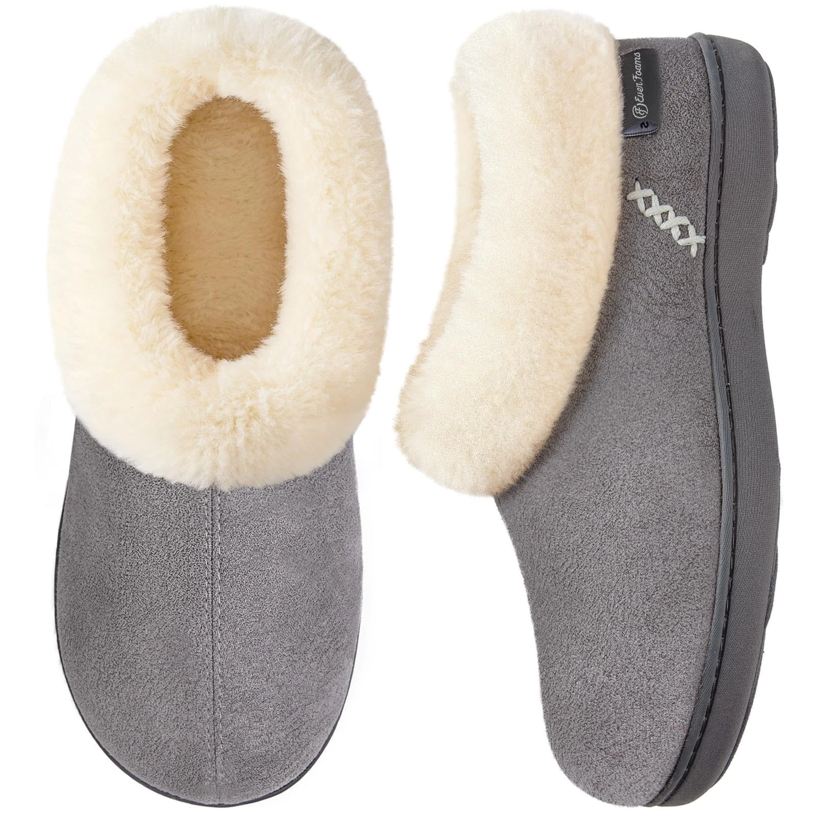 EverFoams Ladies' Micro Suede Memory Foam Slippers with Fluffy Faux Fur Collar and Indoor Outdoor Rubber Sole Grey, Size 3-4 UK