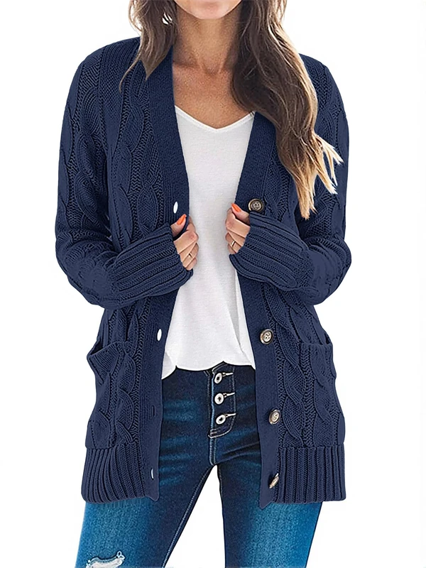 Merokeety Women's Long Sleeve Cable Knit Sweater Open Front Cardigan Button Loose Outerwear, Navy, Medium - Image 1