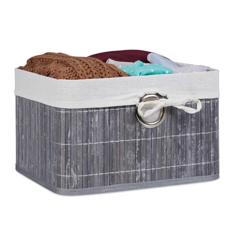 Relaxdays Storage Basket, Fabric Lining, Bamboo, Rectangular, Bathroom, Accessories, Toys, HxWxD: 20x31x31 cm, Grey