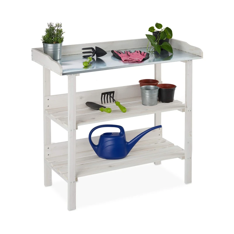 Relaxdays Planter Table with Metal Top, Repotting Stand, Wooden, Garden, Greenhouse, Balcony, 86x92x41, White