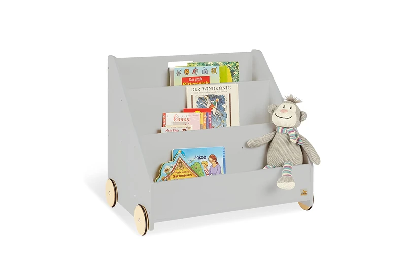 Pinolino Lasse Children's Bookcase with Wheels MDF 3 Compartments, 1 Secret Compartment, Rubberised Wooden Wheels, for Children Aged 3 Years, Grey - Image 1