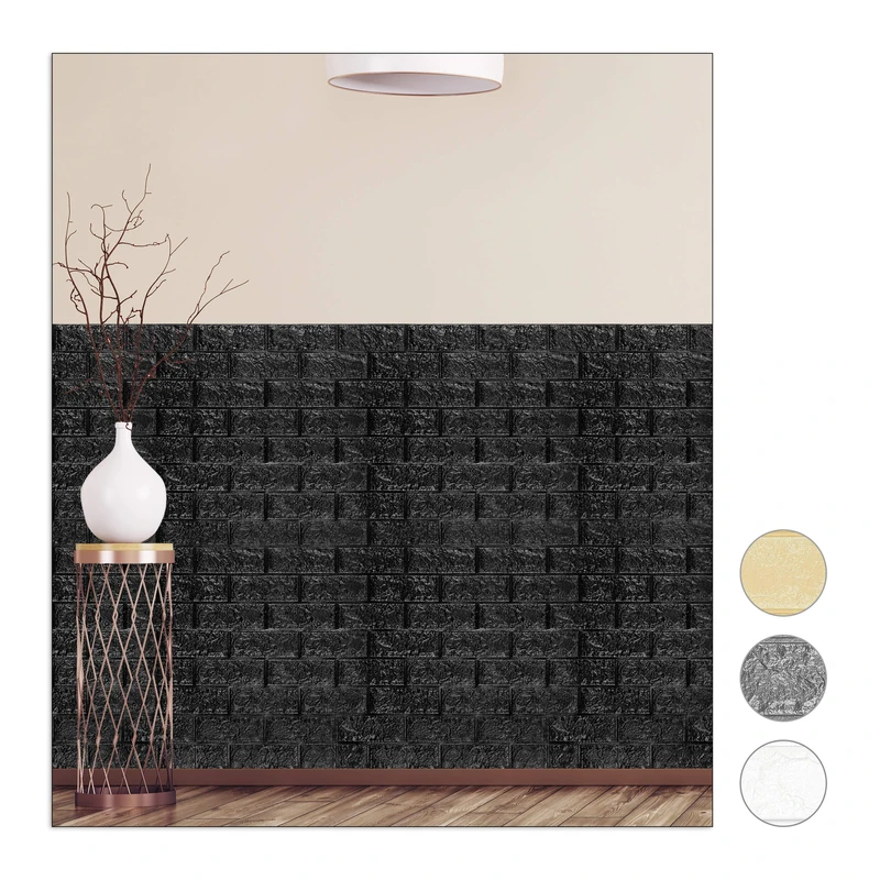 Relaxdays Wall Panels Self-Adhesive, Decorative Stone Look, 3D Panel, Soft PE Foam, Set of 10, 78 x 70 cm, Black