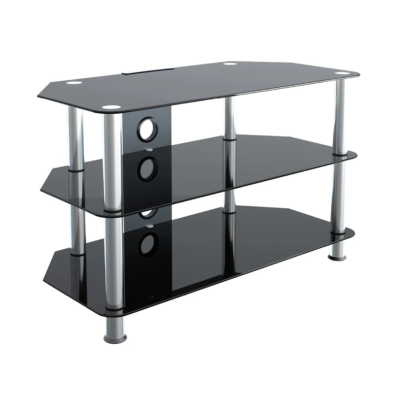 mahara Glass Corner TV Stand – Universal Black Glass TV Unit 80cm wide with Glass Shelves and Cable Management – TV Floor Stand Suitable for up to 42” TVs and Max Weight 40Kg