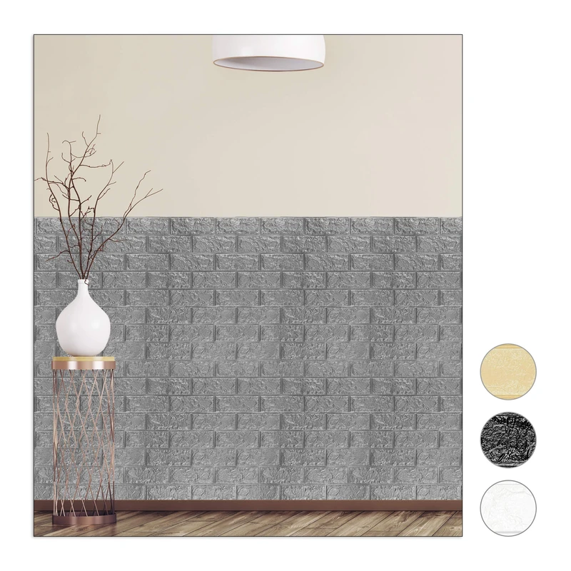 Relaxdays Wall Self-Adhesive, Decorative Stone Look, 3D Panel, Soft PE Foam, Set of 10, 78 x 70 cm, Grey, 78 x 70 x 0.7 cm