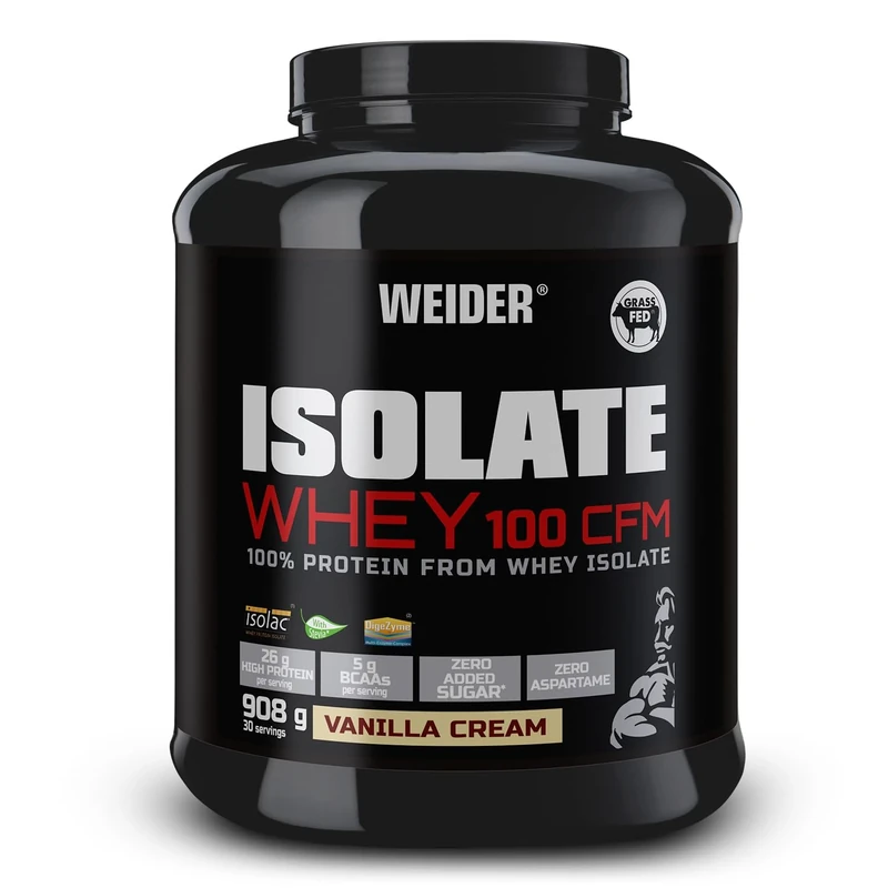 Weider Isolate Whey 100 CFM (908g) Vanilla Cream Flavour. Protein Powder with 25g Proteins and 5g BCAAs per Serving. Zero Added Sugar. Aspartame-Free.