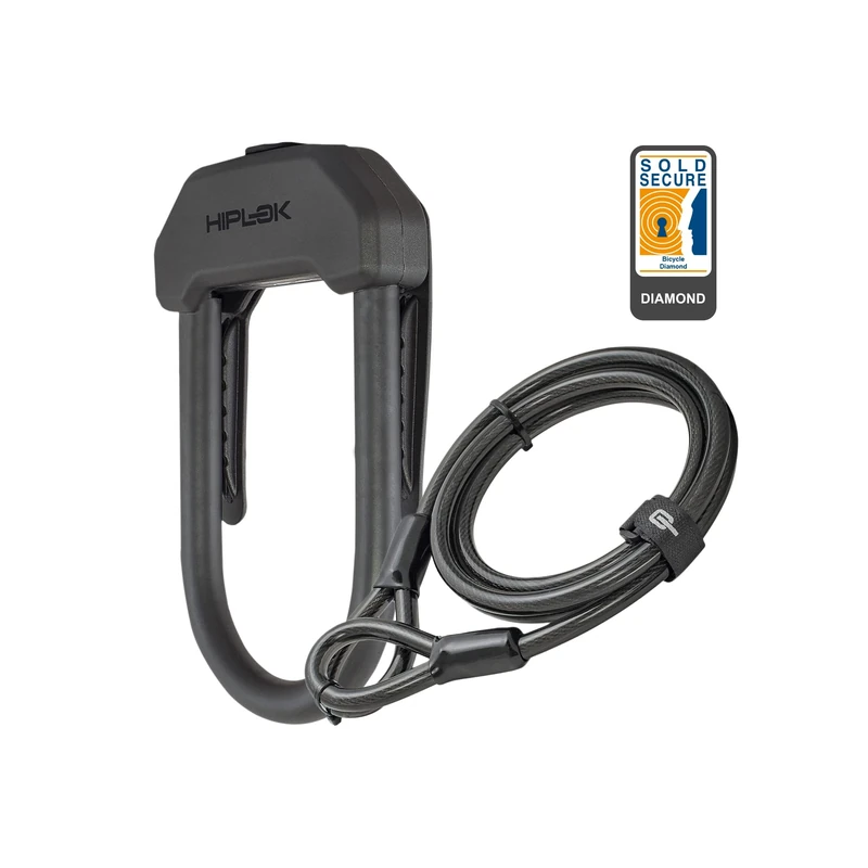 Hiplok DX+ Bike D Lock (15cm x 8.5cm) with a 2m Steel Cable - Black. 3 Keys Included. Sold Secure Powered Gold & Pedal Diamond Bike/Bicycle D Lock