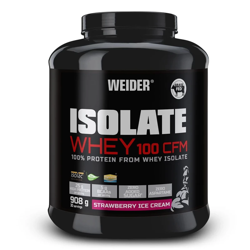 Weider Isolate Whey 100 CFM (908g) Strawberry Ice Cream Flavour. Protein Powder with 25g Proteins and 5g BCAAs per Serving. Low Sugar. Aspartame-Free.