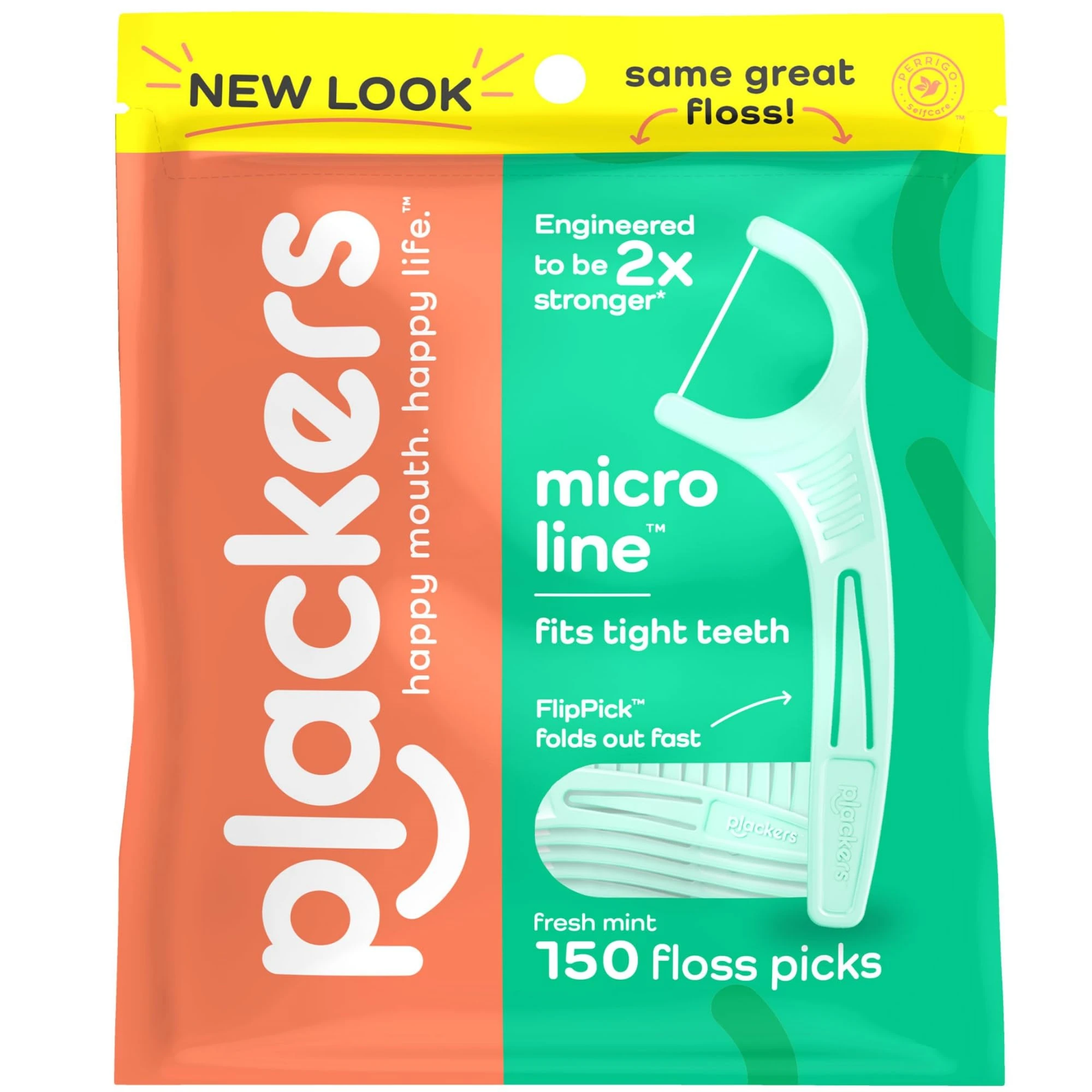 Plackers Micro Mint Dental Flossers, Fresh Mint Flavor, Fold-Out Toothpick, Super Tuffloss, Easy Storage with Sure-Zip Seal, 150 Count