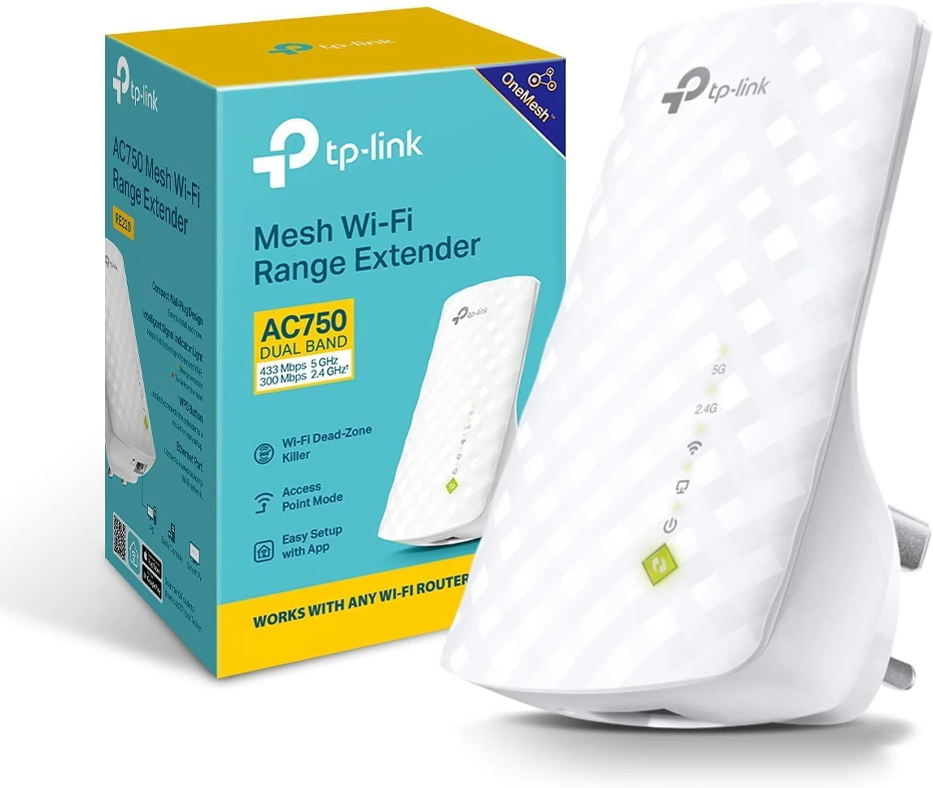 TP-Link RE220 WiFi Extender Booster, Dual-Band AC750 Mbps Range Extender Repeater with Ethernet Port, Connect Wired Devices, Works as a Wireless Adapter, Connect up to 32 Devices,Simple Two-Step Setup