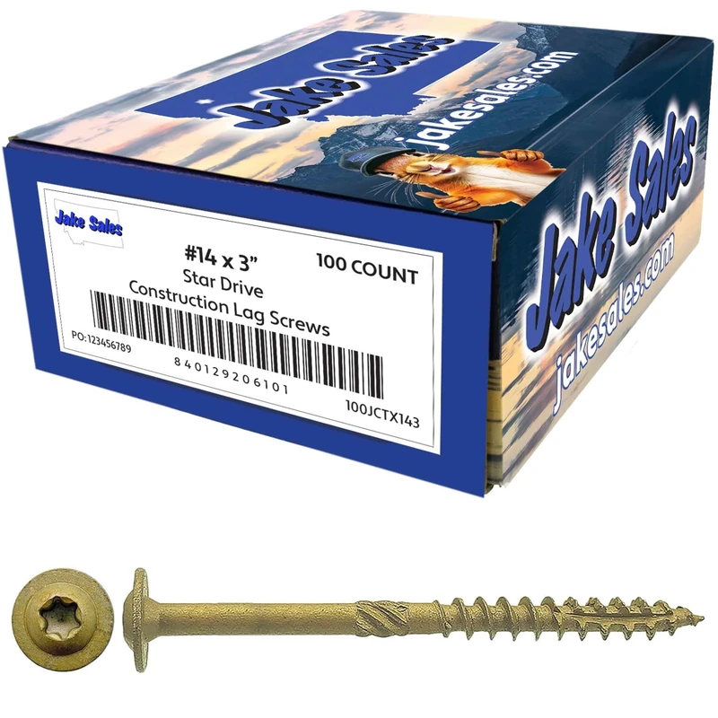 Jake Sales #14 x 3" Construction Lag Screw Exterior Coated Torx/Star Drive Heavy Duty Structural Lag Screw Far Superior to Common Lag Screws - Modified Truss Washer Head - 100 Screw Count
