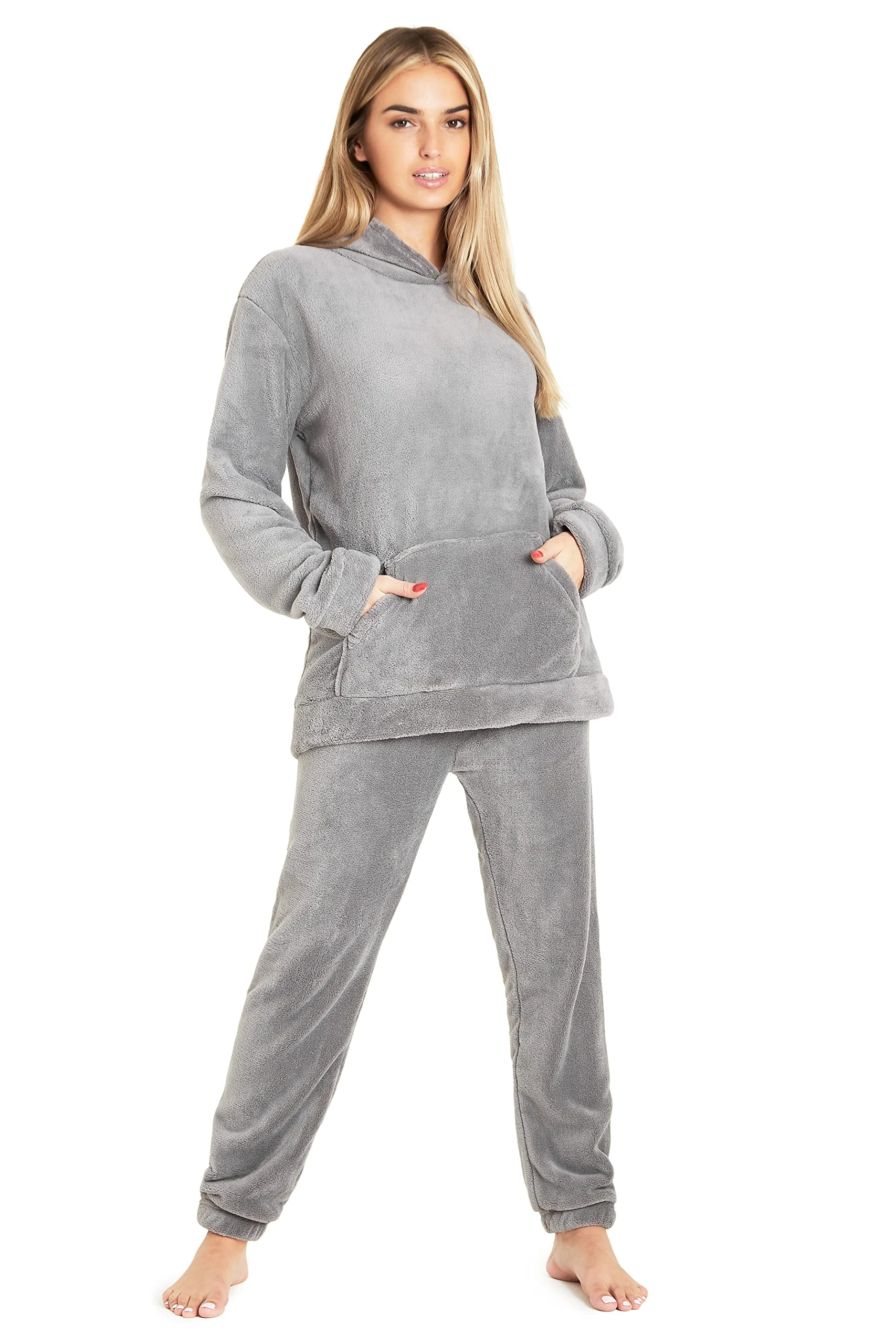 CityComfort Pyjamas Set for Women and Teens Fleece Hooded Long PJs Warm Loungewear Fluffy Nightwear Soft Cosy Sleepwear Gifts for Her (Light Charcoal, L)