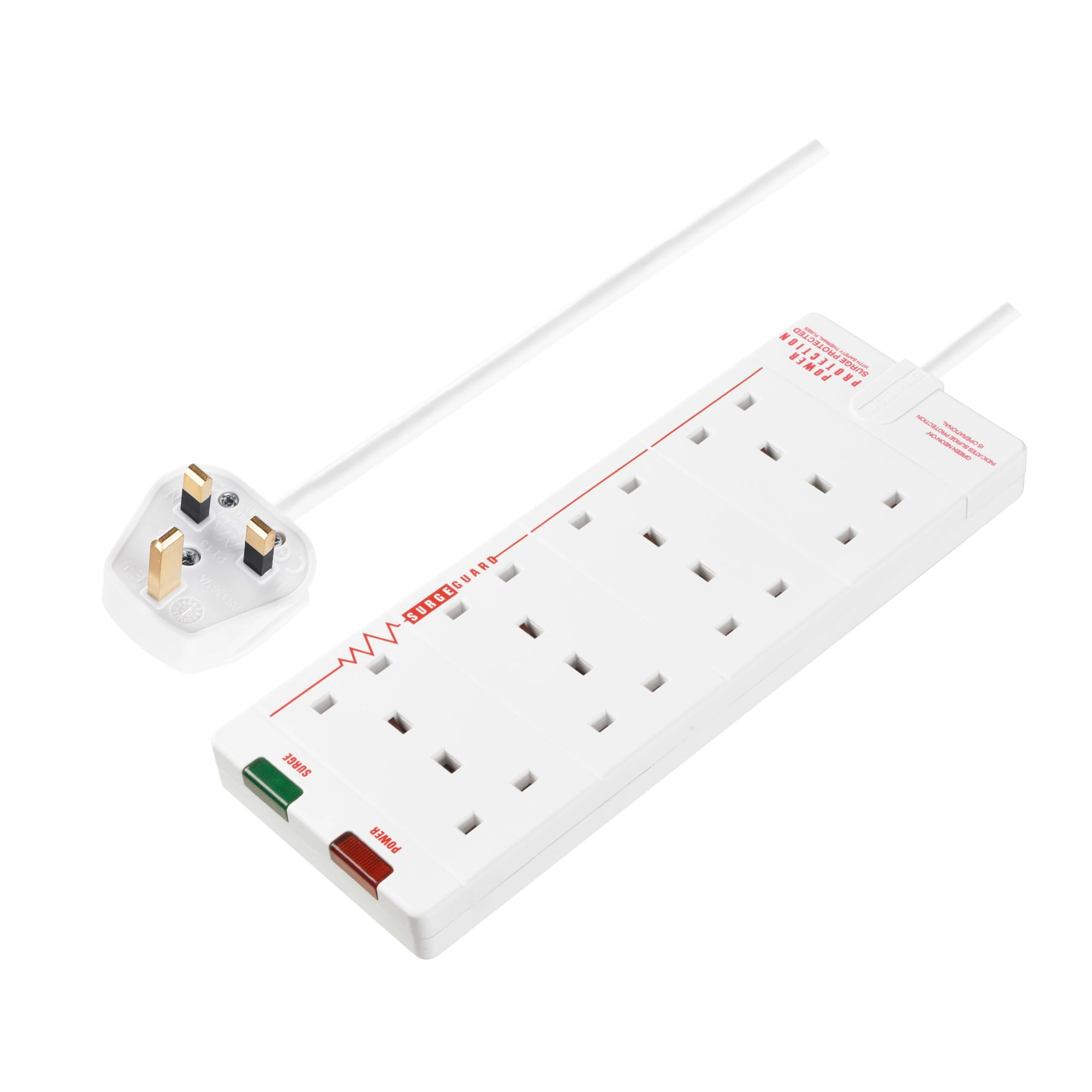 Masterplug Eight Socket Surge Protected Extension Lead, 2 Metres, 27 x 10 cm, White