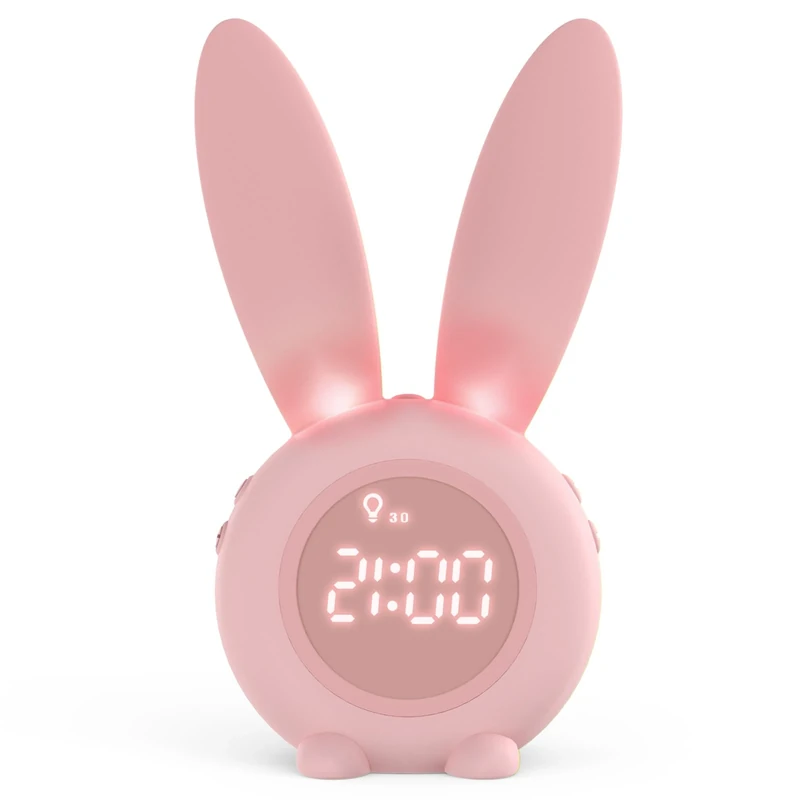 Homealexa Kids Digital Alarm Clock with Rabbit Design, LED Wake-Up Light, Pink Bedside Clock for Girls and Boys
