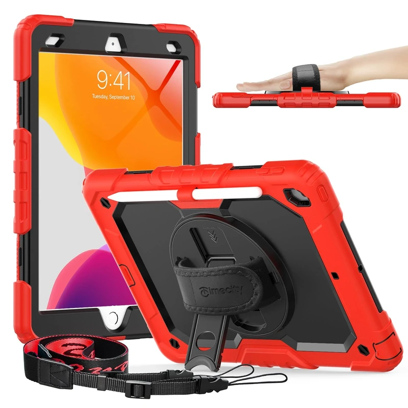 Timecity Case for iPad 9th/ 8th/ 7th Generation 10.2 inch - Heavy Duty Protective Cover with Screen Protector, Rotating Stand, Shoulder Strap & Pencil Holder | Kids-Friendly, Red