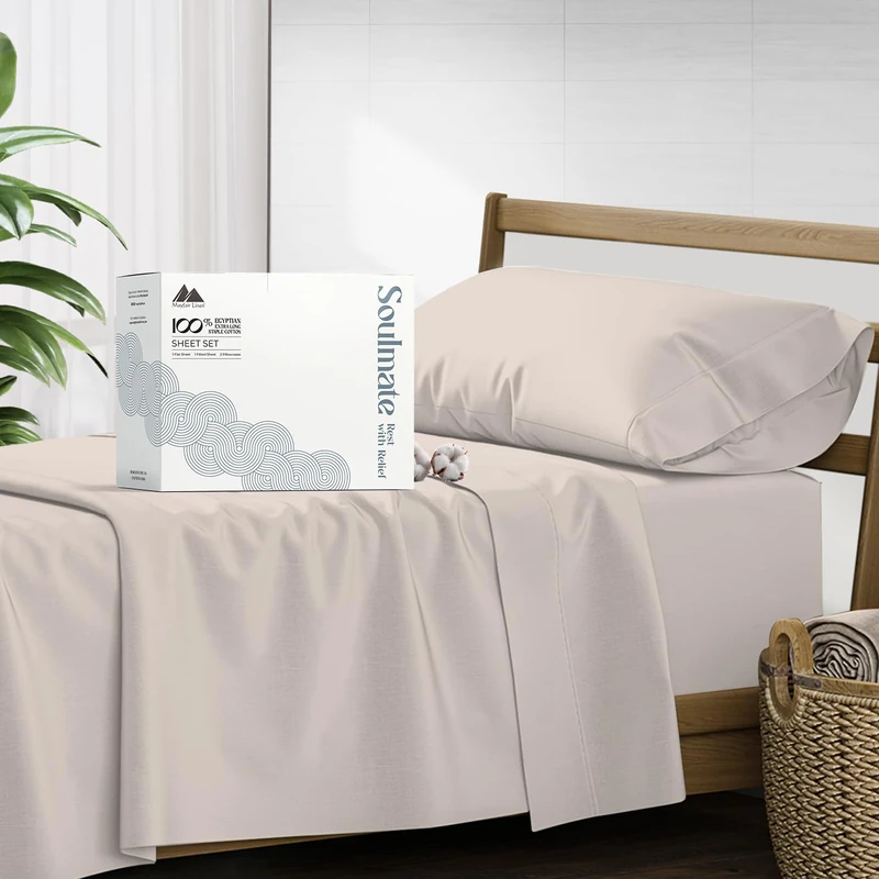 Mayfair Linen Twin XL Sheets Set Cotton - 500 Thread Count 100% Cotton Single Bed Sheets, 3 PC Twin XL Sheets, Cooling & Luxury Sateen Sheets, 16'' Deep Pocket Extra Soft Cotton Sheets (Taupe)