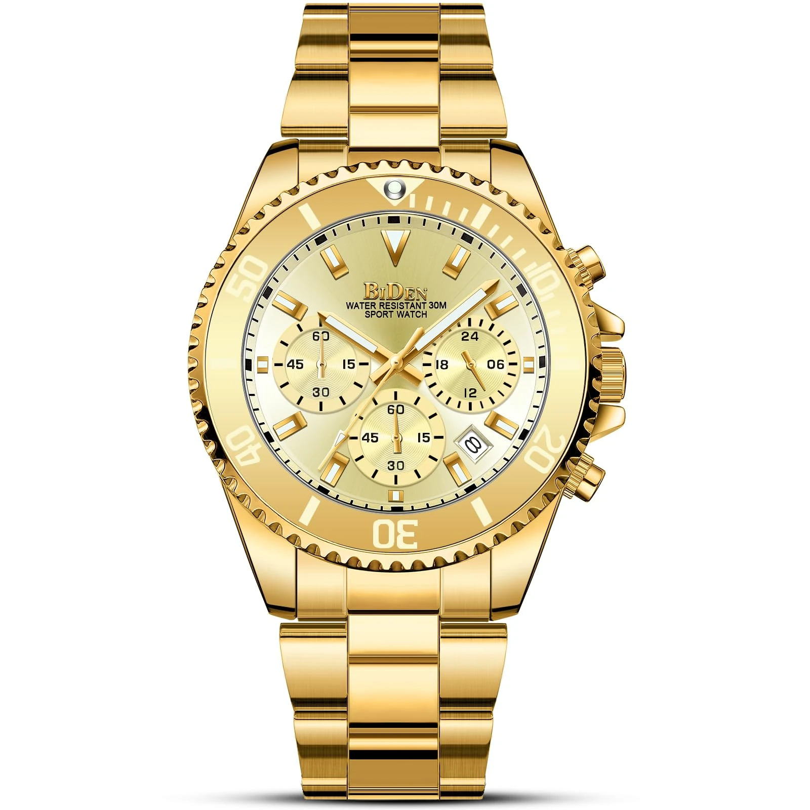 BIDEN Mens Watches Men Designer Chronograph Military Waterproof Analogue Quartz Watch Men Stainless Steel Wrist Watch Fashion Large Date Watches for Men Gold
