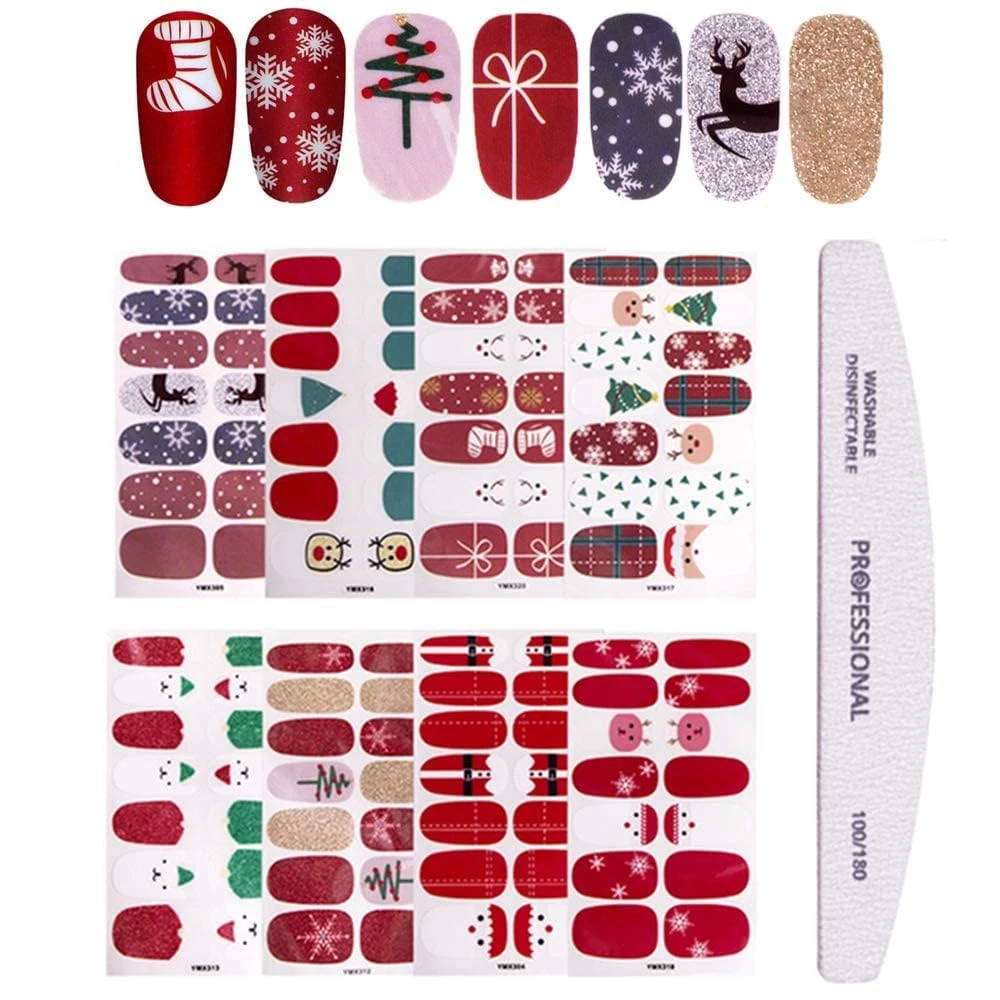 Kalolary 8 Sheets Christmas Full Wraps Self-Adhesive Nail Polish Stickers with 1Pcs Nail File, DIY Nail Art Stencil Nail Wraps Decal Strips Manicure Kit for Women Girls Gift