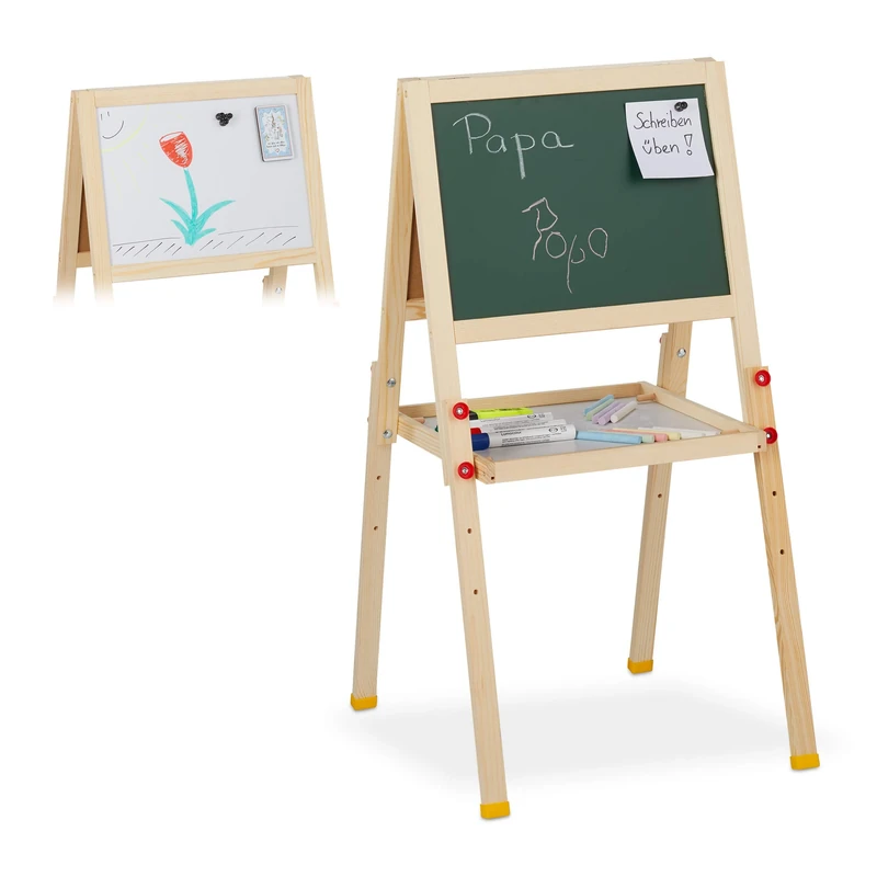 Relaxdays Kids’ Easel, Two-Sided, Magnetic, Height-Adjustable, HWD 77x39x44.5 cm, Whiteboard & Chalkboard, Natural, Wood, 77 x 39 x 44.5 cm