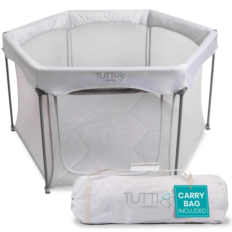 Tutti Bambini Baby & Playpen - Foldable Playpen for Toddlers with Breathable Mesh Walls, Padded Frame, Zip Door & Fitted Mat, Travel Bag (135 x 135 x 75 cm), Silver