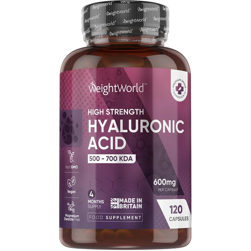 Hyaluronic Acid Supplement 600mg (500-700 KDA) - 1 per Day - 120 High Strength Capsules - 4 Months Supply - Non-GMO, Vegan-Friendly & GMP-Approved Hyaluronic Acid Capsules - Made in The UK