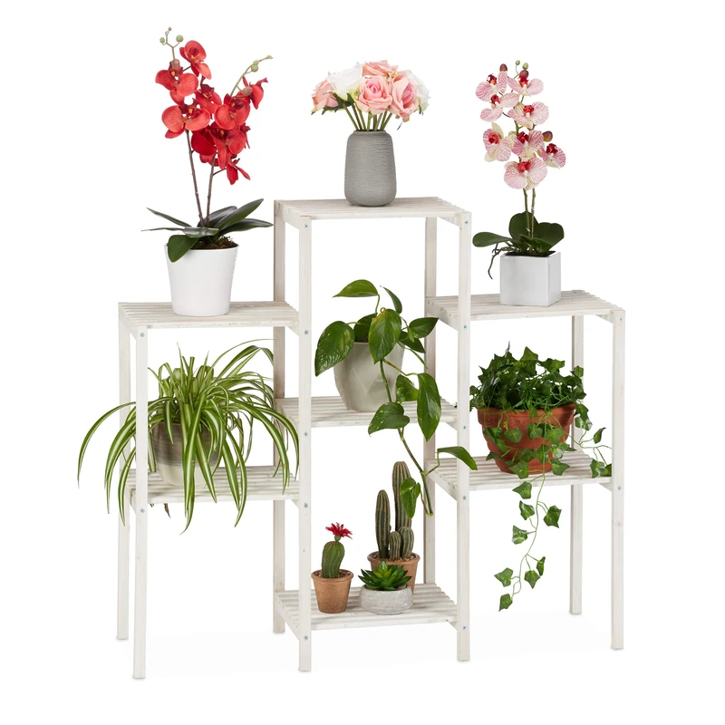 Relaxdays Wooden Flower Rack, Decorative Ladder Shelf for Plants, Indoor Use, Standing, 86.5 x 95 x 29.5 cm, White