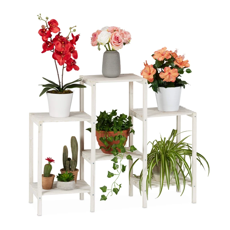 Relaxdays Wooden Flower Rack, Decorative Ladder Shelf for Plants, Indoor Use, Standing, 70 x 89 x 26.5 cm, White