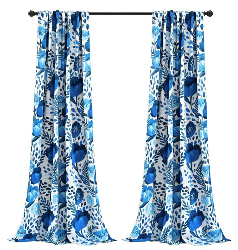 Lush Decor x 52", Blue Poppy Garden Curtains Room Darkening Window Set for Living, Dining, Bedroom, 84 in L Panel Pair