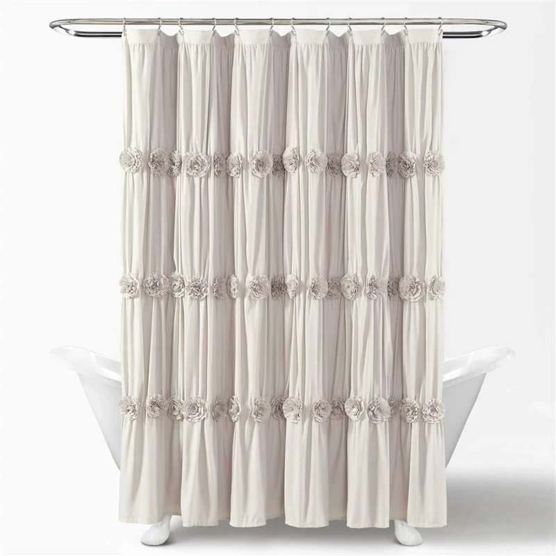 Lush Decor, Neutral Darla Shower Curtain-Ruched Floral Vintage Chic, Farmhouse Style Design, 72 x 72