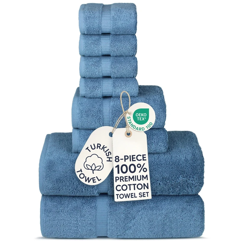 Chakir Turkish Linens | Hotel & Spa Quality 100% Cotton Premium Turkish Towels | Soft & Absorbent (8-Piece Towel Sets, Wedgewood)