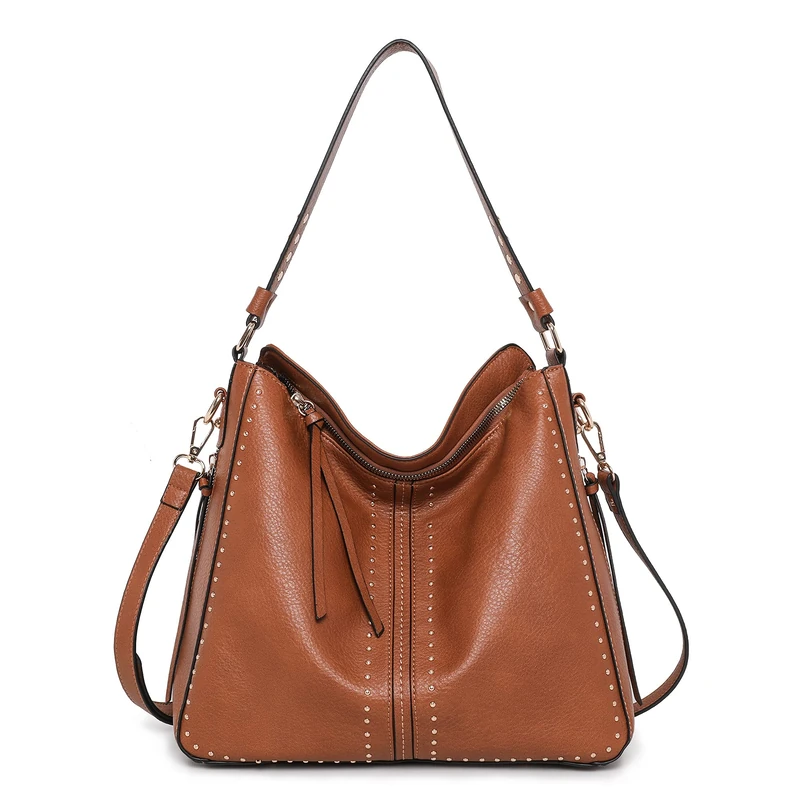 Montana West Hobo Handbag for Women Large Purses and Handbags with Studs and Crossbody Strap, Brown, L