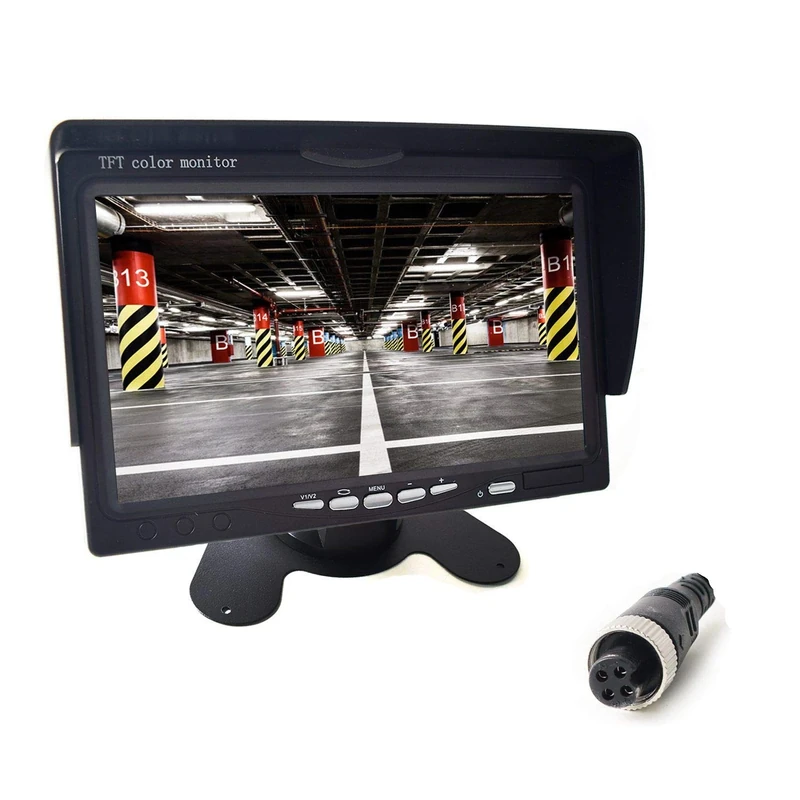 7" Car Monitor 4-PIN Aviation Plug for Truck Trailer Bus Vans Camper Vehicle 800x480 HD 2 Inputs 12V-24V Sunshade Anti-Glare High Brightness