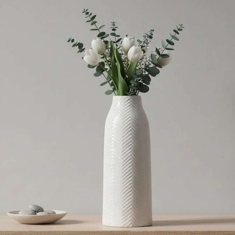 hjn Large White Ceramic Vase - Tall Vase for Home Decor, Centerpieces, Living Room/Bookshelf/Mantel/Table - White Texture