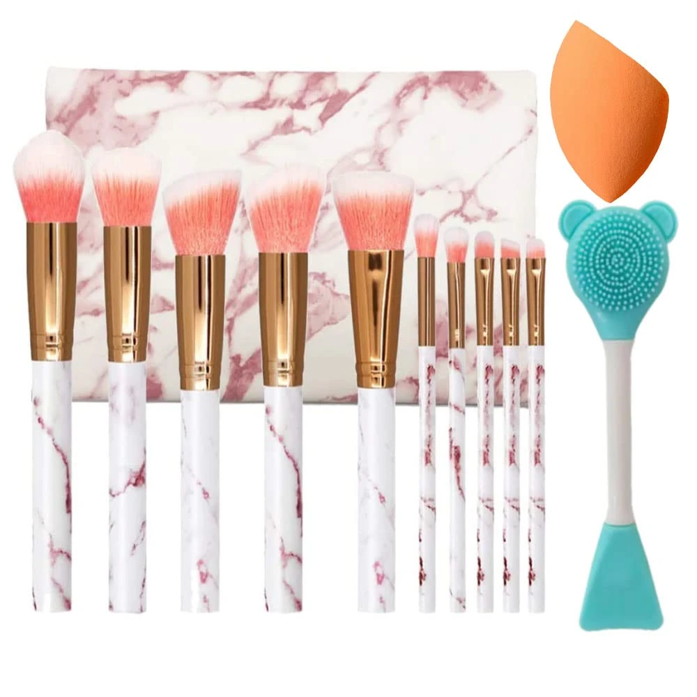 NEVSETPO Marble Pink Makeup Brushes, 12Pcs Make Up Brushes for Women Travel-Friendly Makeup Bag, Brushes & Sponges, Beauty Blenders, Synthetic Eyeshadow Contour Make-up Gift for Teenage Girls Kids