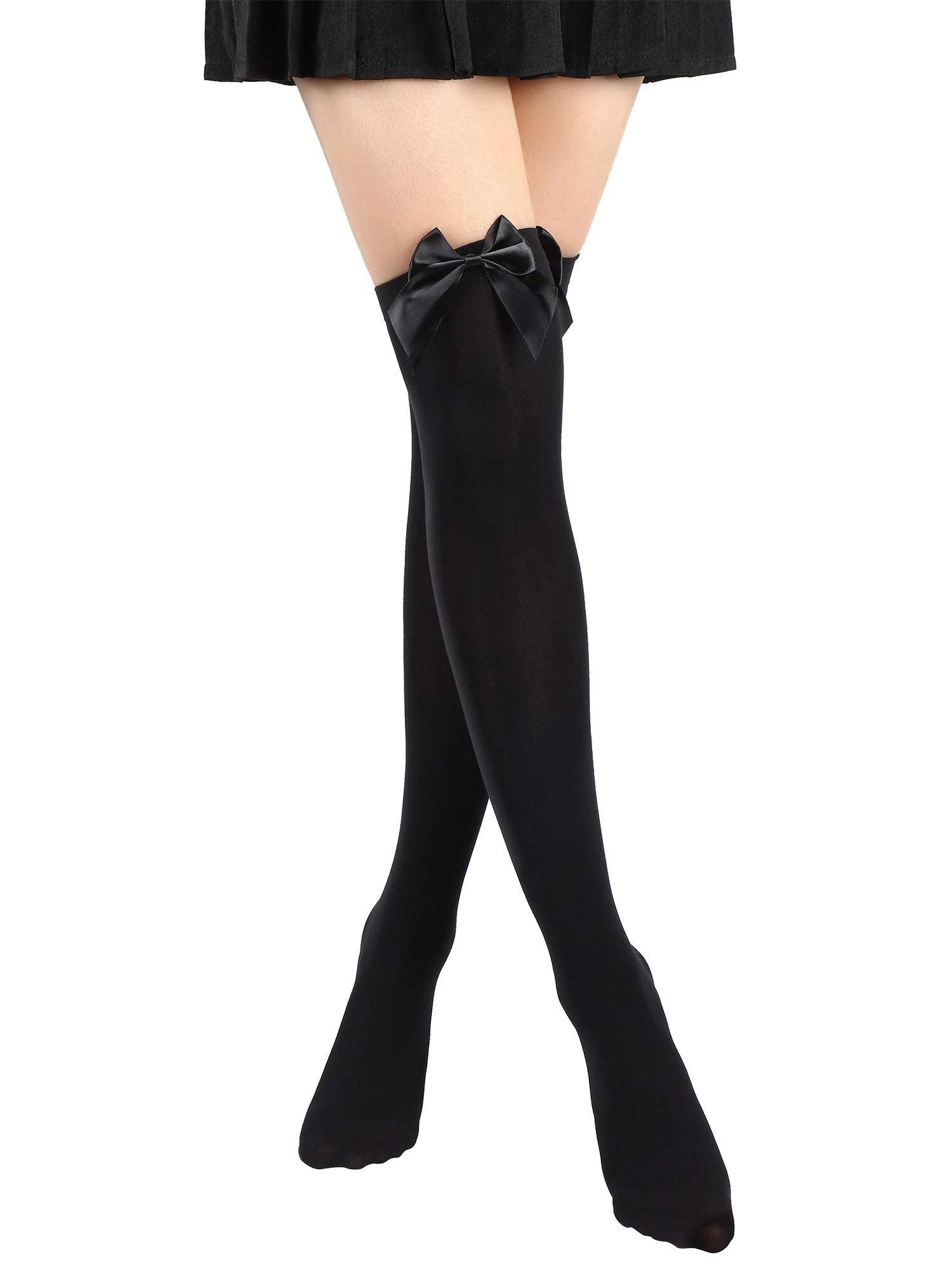 Satin Bow Stockings Women Girls Opaque Thigh High Stockings with Stain Bows, Black, L