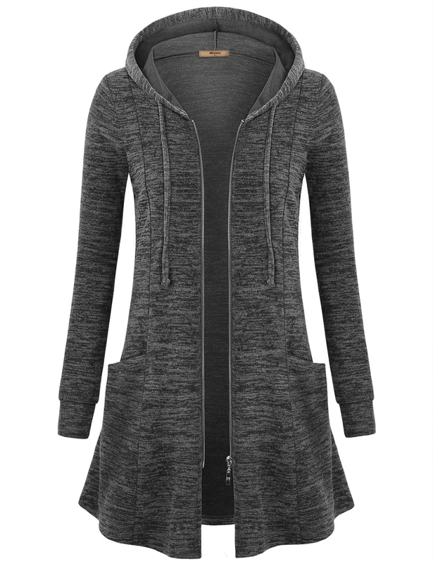 Miusey Womens Zip Up Long Hoodie Jacket Tunic Sweatshirt Open Front Cardigan - Gray - Medium