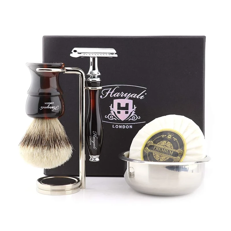 Haryali London Double Edge Safety Razor With Silver Tip Badger Hair Brush, Stand, Soap And Bowl Shaving Kit For Mens Perfect New Year Gift Set