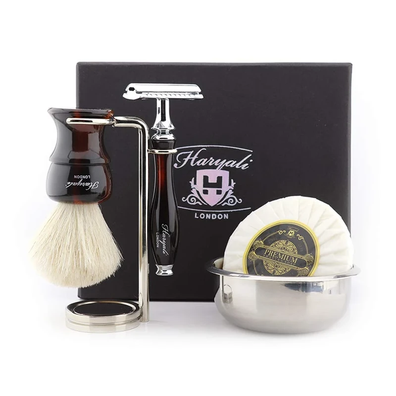 Haryali London Shaving Kit – 5 Pc Shaving Kit – Double Edge Safety Razor - Super Badger Shaving Brush – Shaving Soap – Shaving Bowl – Shaving Stand – Red and Black Color Shaving Set as Gift