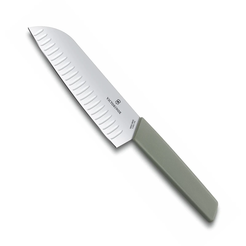 Victorinox Swiss Modern, Santoku Knife, Extra Sharp Blade, Fluted Edge, 17 cm, Plastic Handle, Stainless Steel, Olive Green