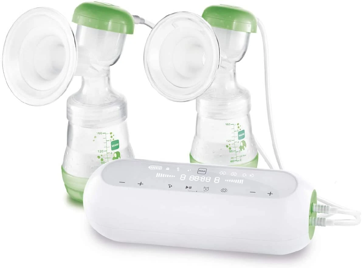 MAM 2-in-1 Double Electric Breast Pump | Quiet and Comfortable Pumping | Soft Silicone Breast Funnel | Newborn Essentials | Green (Various Designs)