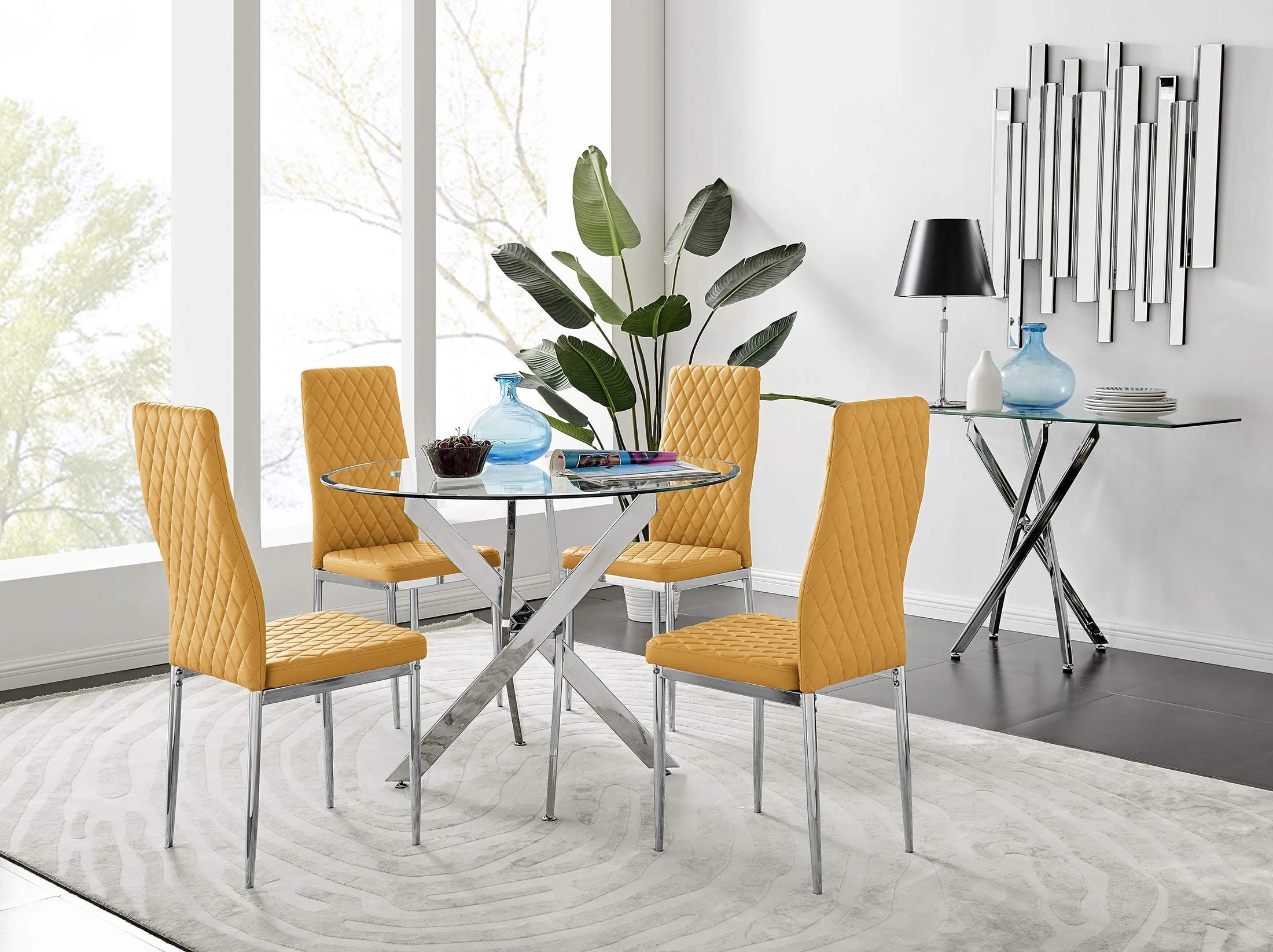 Furniturebox UK Novara Modern Round Chrome Metal and Clear Glass Dining Table and 4 Stylish Faux Leather Chrome Leg Milan Dining Chairs Set (Dining Table + 4 Mustard Milan Chairs)