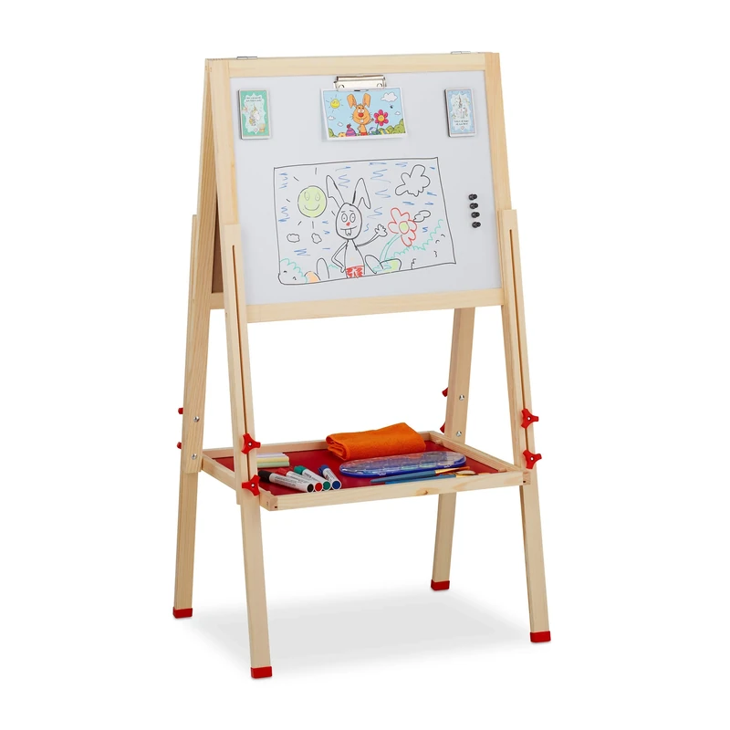 Relaxdays Children’s Blackboard, Whiteboard and Chalkboard, Height-Adjustable, Standing, 102-135 x 55 x 52 cm, Natural - Image 1